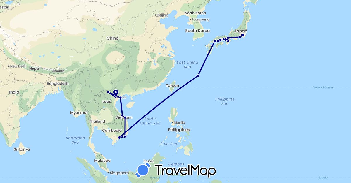 TravelMap itinerary: driving in Japan, Vietnam (Asia)